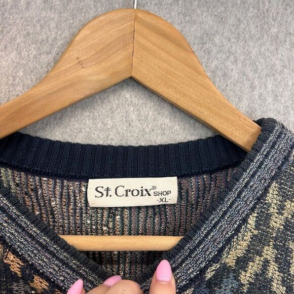 Men's St. Croix Size XL Gray Multi-Color Geometric Knit Sweater Grandpa Crewneck - Picture 3 of 9